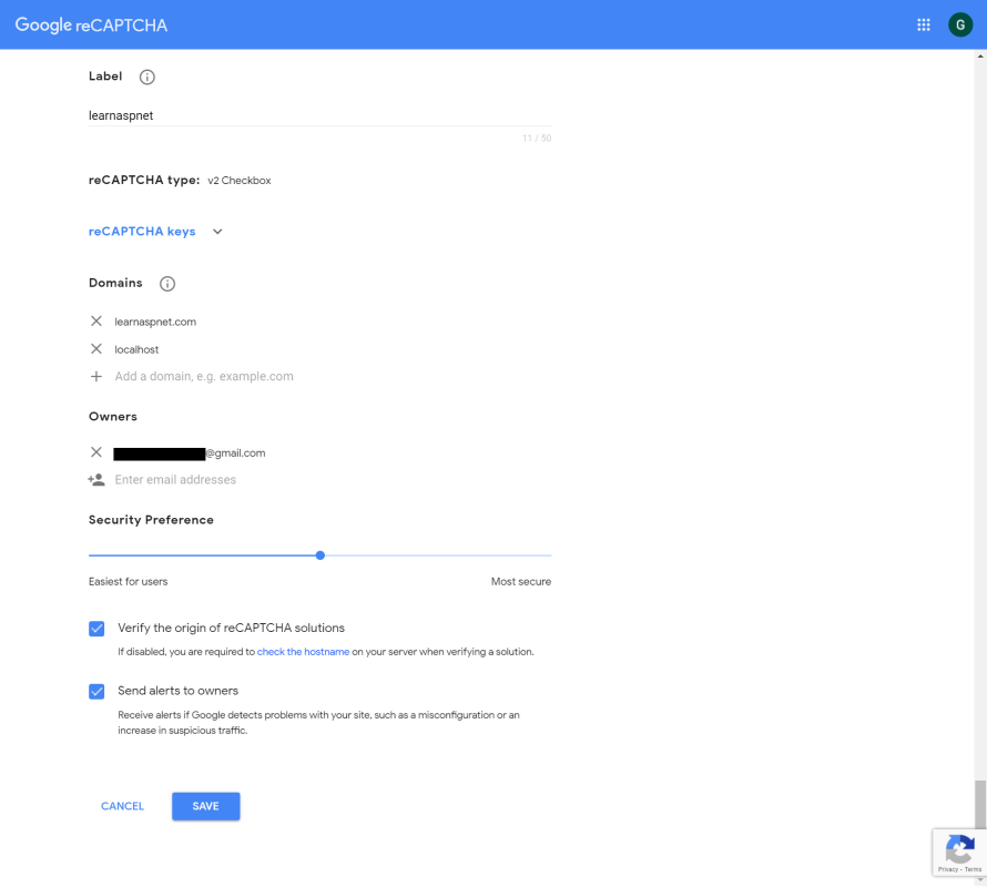 Google reCAPTCHA Admin Console